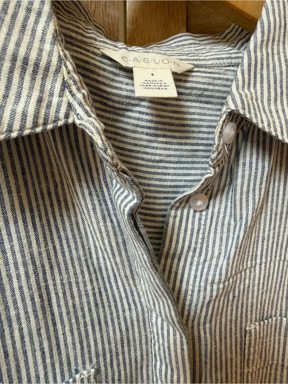 Caslon Blue & White Striped Short Sleeve Linen blend Button-Up Shirt - Picture 4 of 7